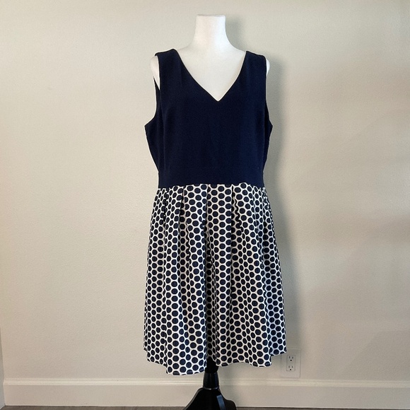 KARL LAGERFELD DressParis Blue & White Polka Dot V-Neck Size 16 - Picture 1 of 10
